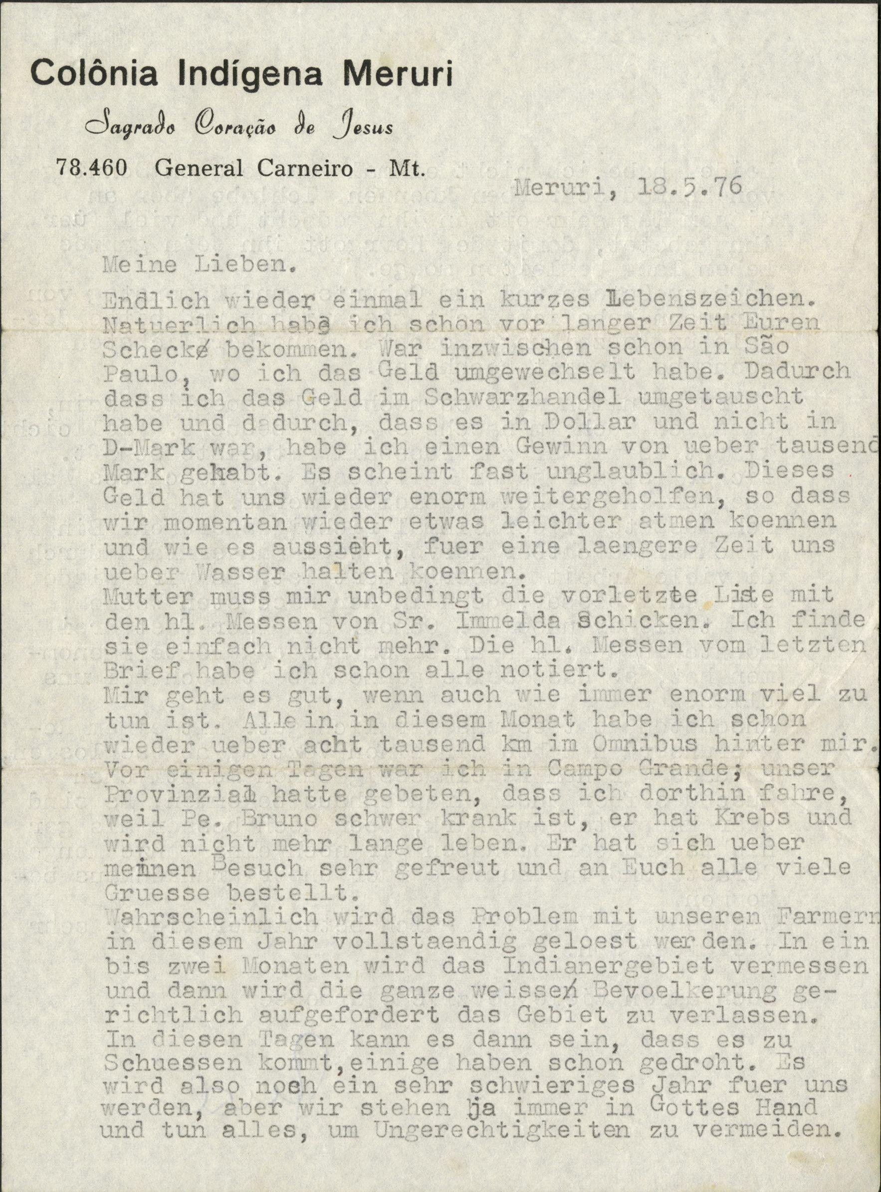 Rep. 70 NL 106 Nr. 11 Vorderseite - Letzter Brief von P. Lunkenbein an seine Familie, 18. Mai 1976.